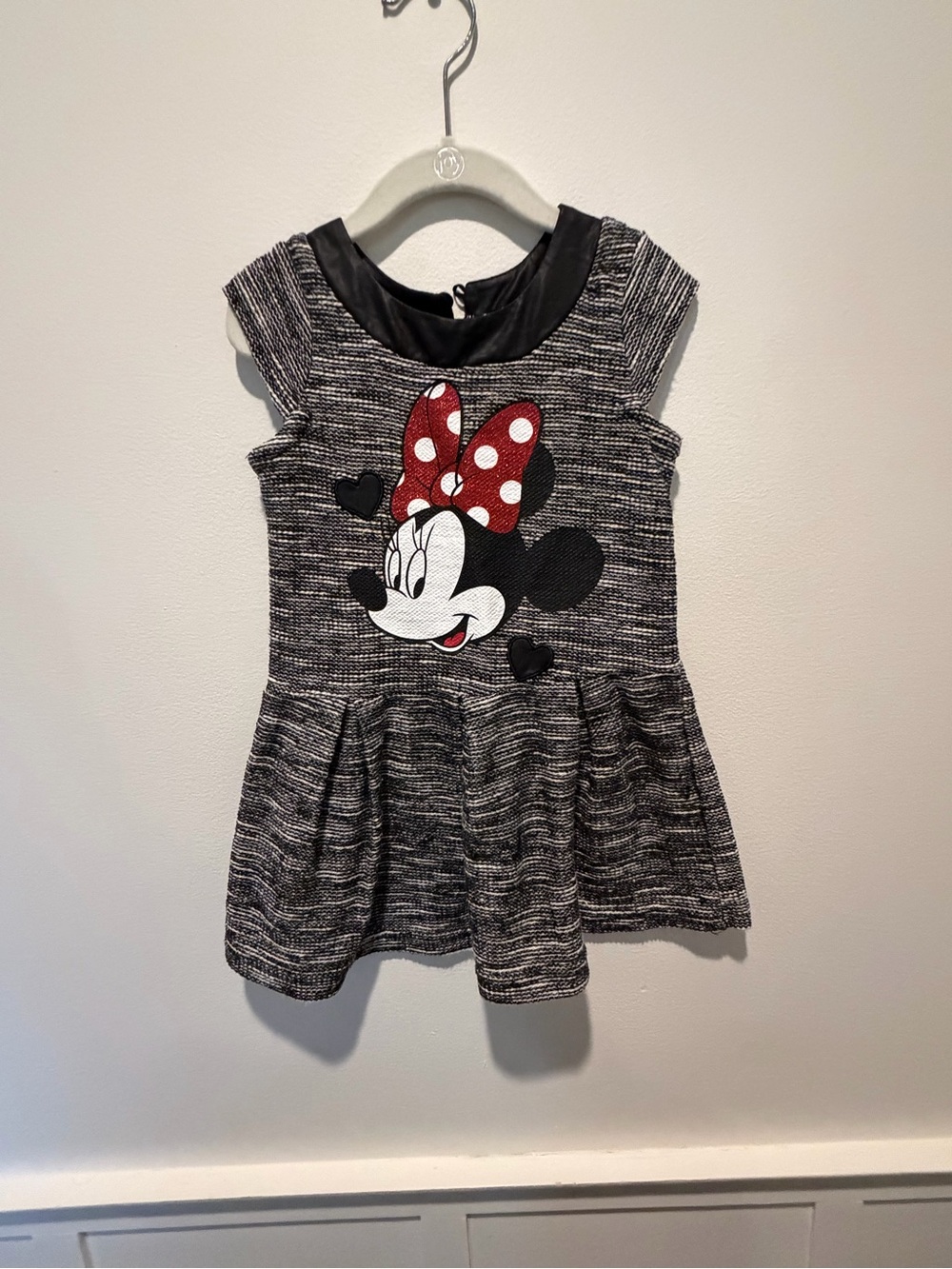 Disney Minnie Mouse Girls Black White Knit Dress Size 4 Faux Leather Trim